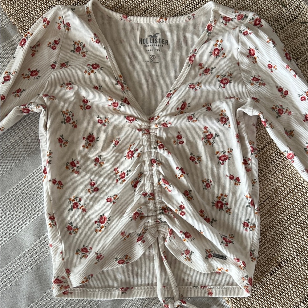 Hollister White Top with Red Floral Design